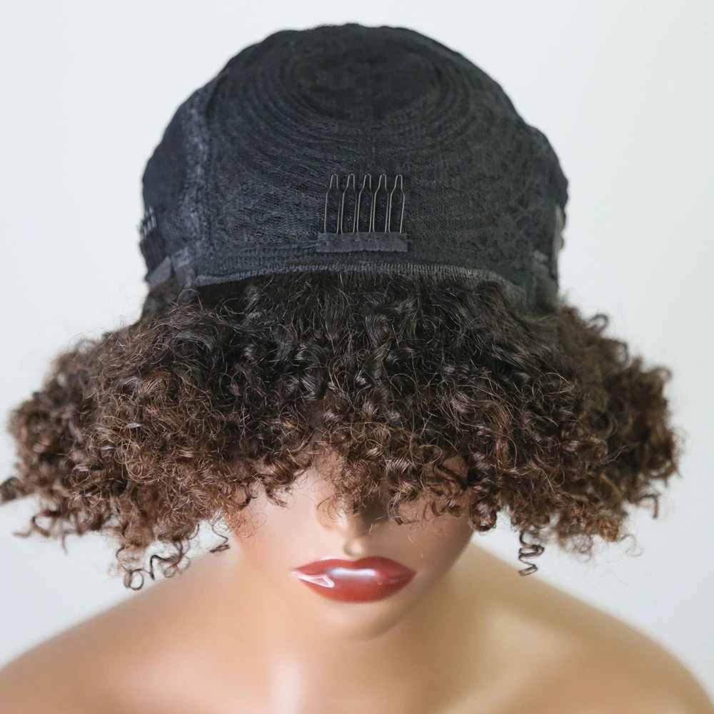 12 Inch 150% Density T1/B4 Curly Human Hair Bob Wig with Bangs for Sale Y51132 - Image 5