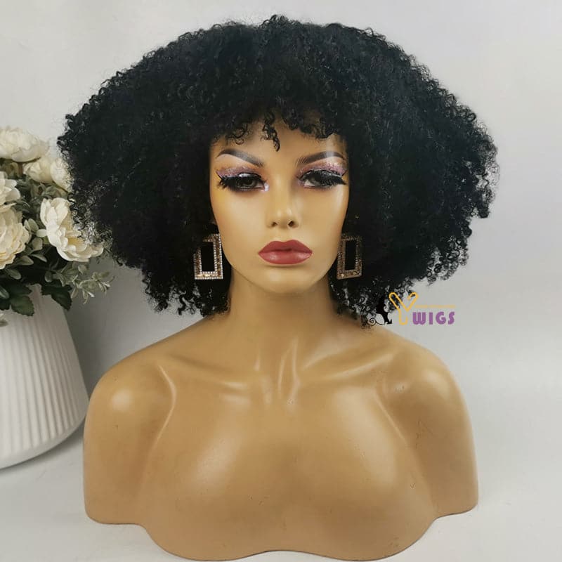 Amber Bangs Brazilian Kinky Curly 5x5 Lace Closure Bob Wig - Image 3