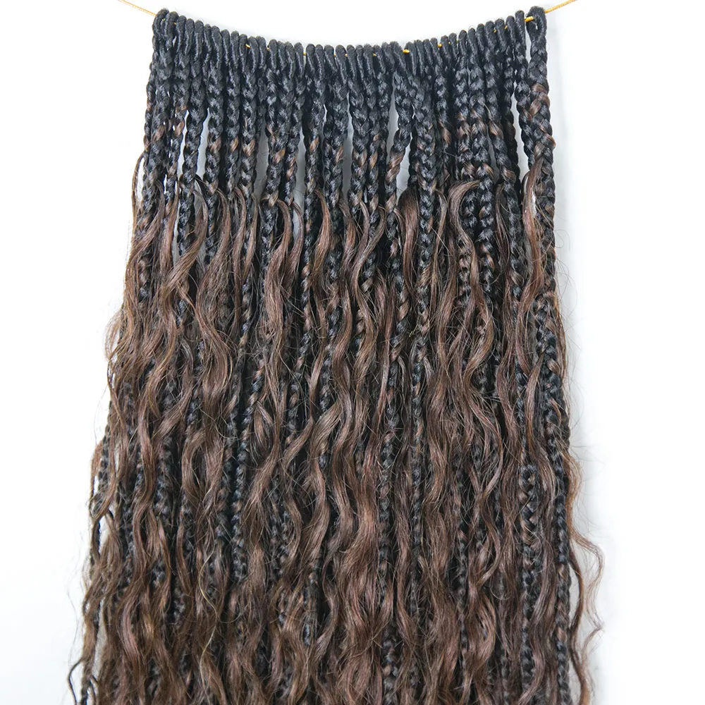 T1B/4 Ombre Brown Crochet Boho Box Braids with Human Hair Curls - Image 3