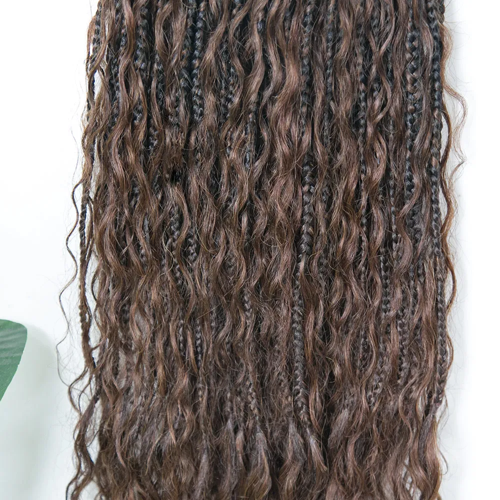 T1B/4 Ombre Brown Crochet Boho Box Braids with Human Hair Curls - Image 4