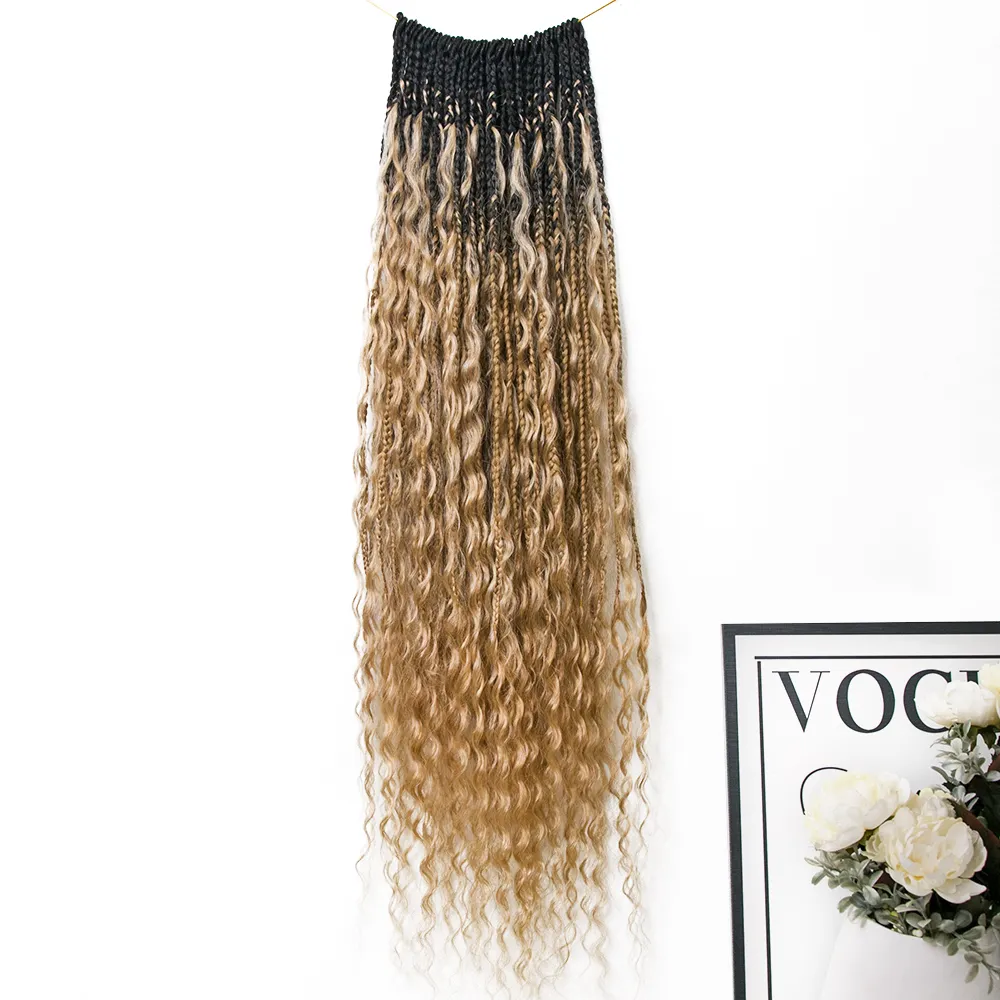 Ombre Honey Blonde Crochet Boho Box Braids with Human Hair Curls - Image 3