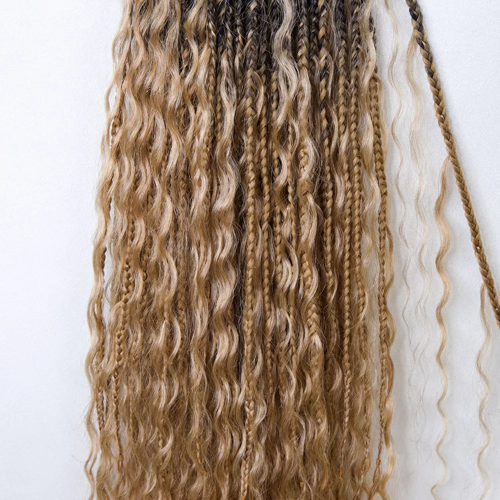 Ombre Honey Blonde Crochet Boho Box Braids with Human Hair Curls - Image 5