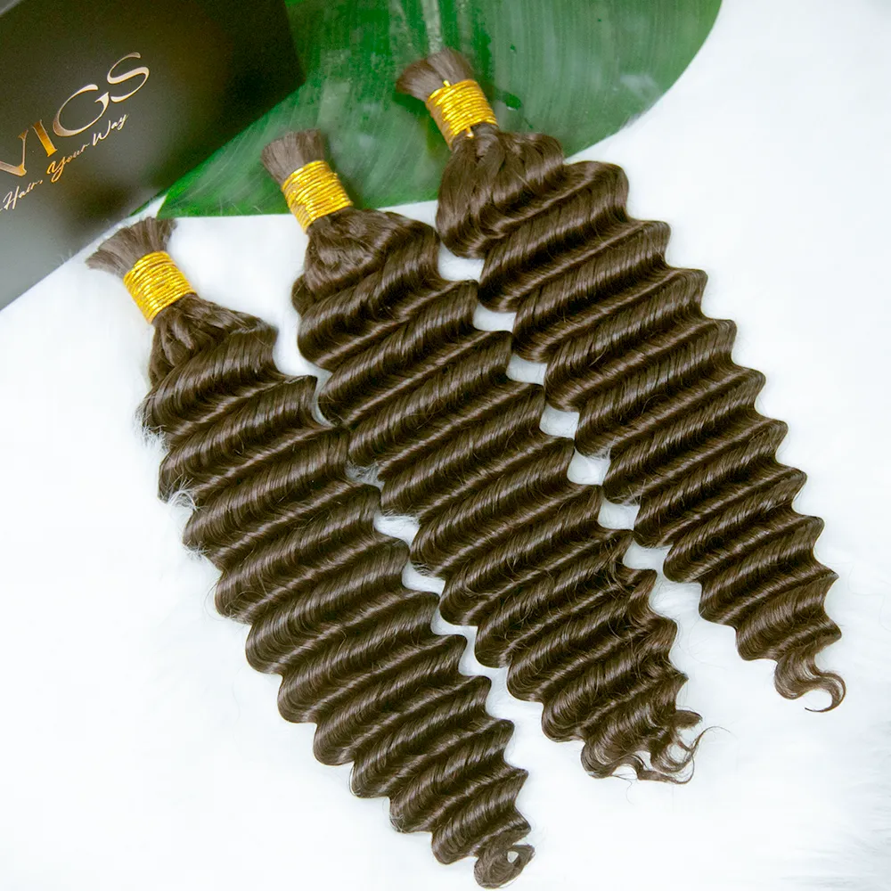 Double Drawn Burmese Color #4 Medium Brown Deep Wave Human Hair Bulk - Image 3
