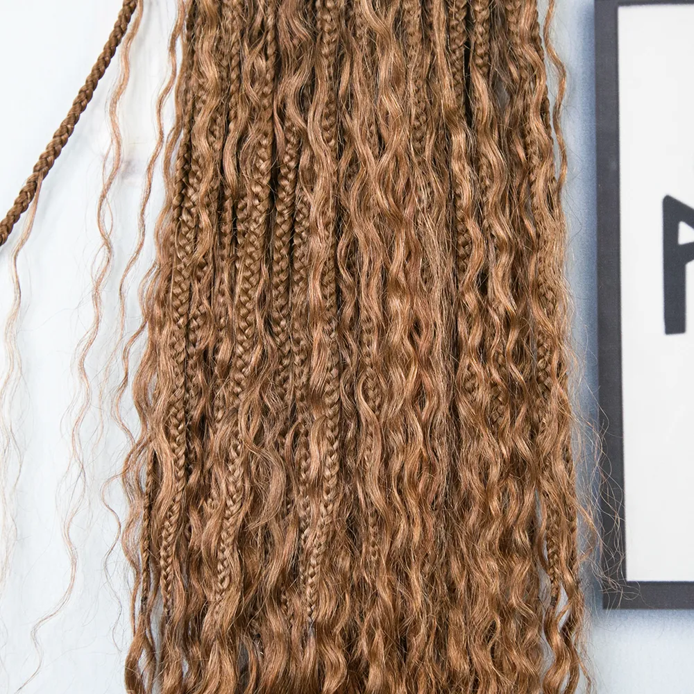 Light Brown Crochet Boho Box Braids with Human Hair Curls - Image 3