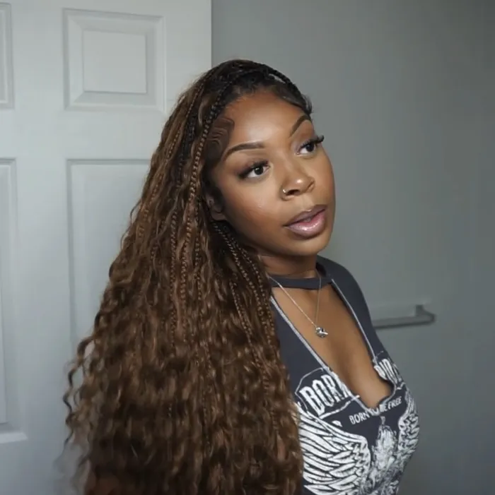 T1B/30 Ombre Brown Crochet Boho Box Braids with Human Hair Curls - Image 3