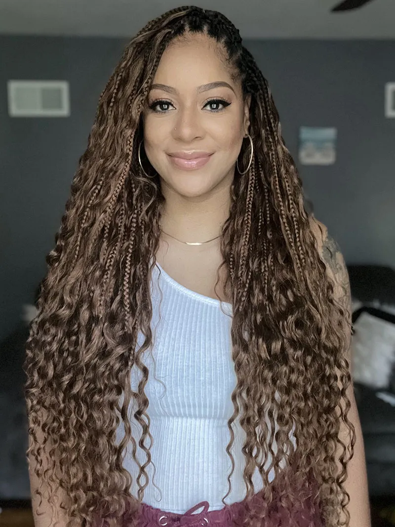 T1B/30 Ombre Brown Crochet Boho Box Braids with Human Hair Curls - Image 4