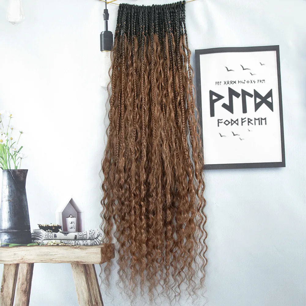 T1B/30 Ombre Brown Crochet Boho Box Braids with Human Hair Curls - Image 5