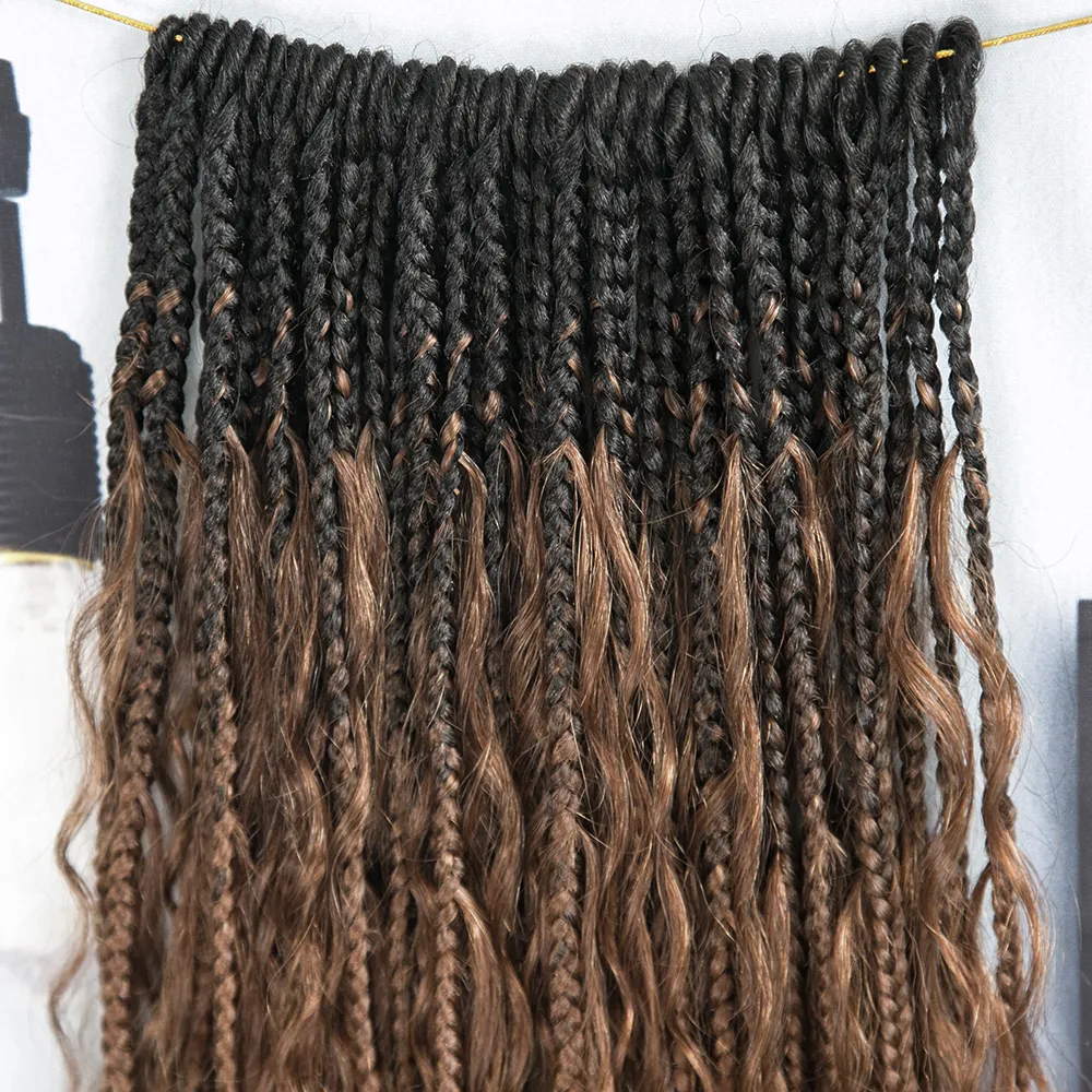T1B/30 Ombre Brown Crochet Boho Box Braids with Human Hair Curls - Image 6
