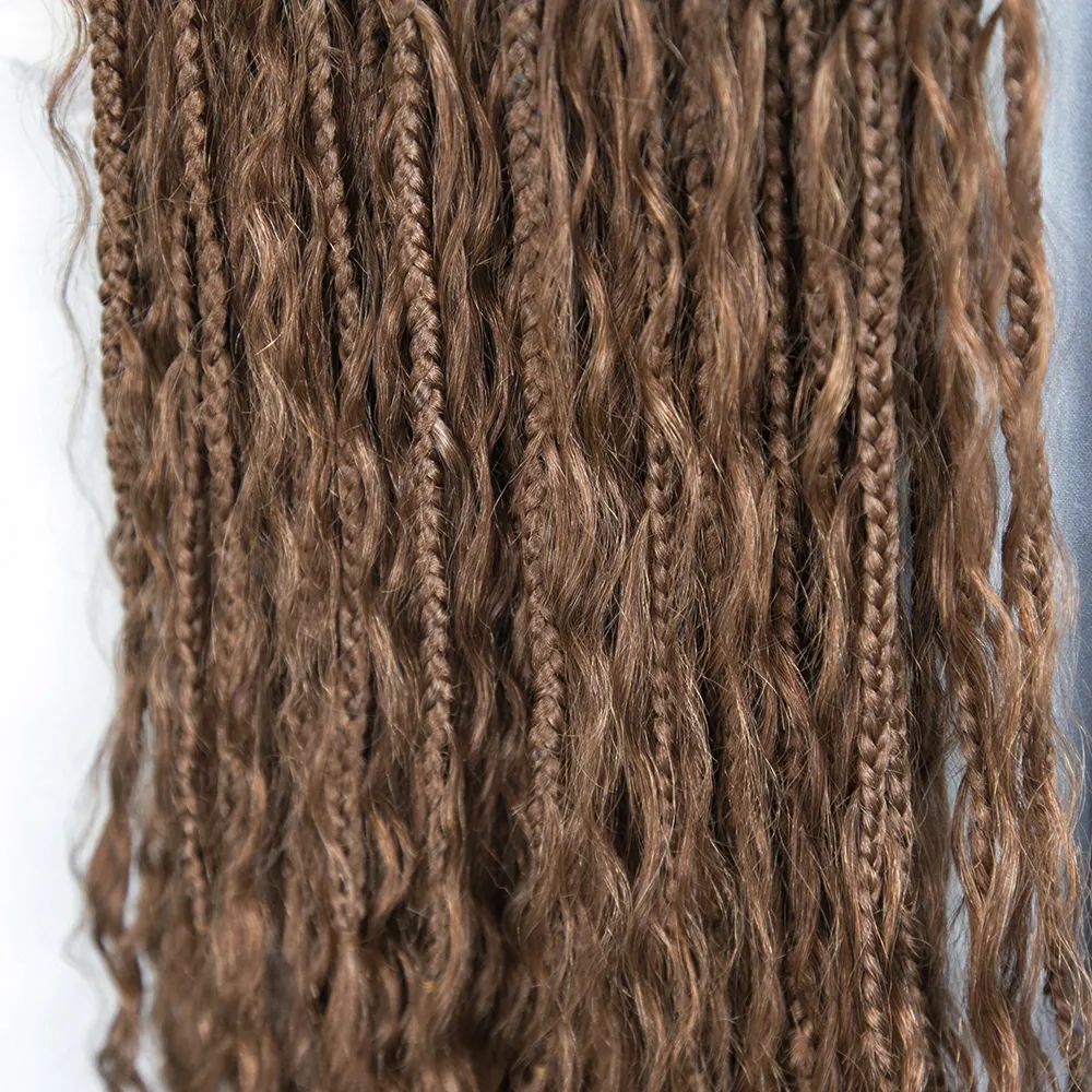 T1B/30 Ombre Brown Crochet Boho Box Braids with Human Hair Curls - Image 7