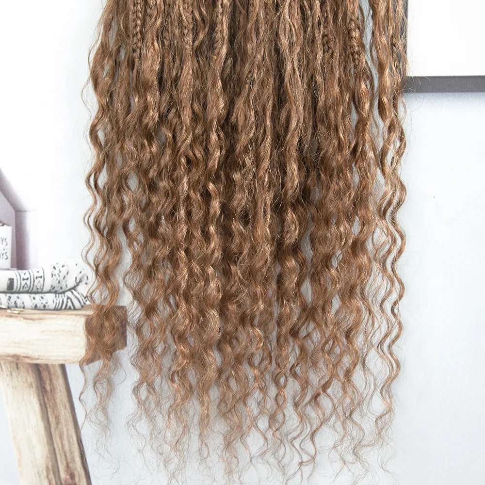 T1B/30 Ombre Brown Crochet Boho Box Braids with Human Hair Curls - Image 8