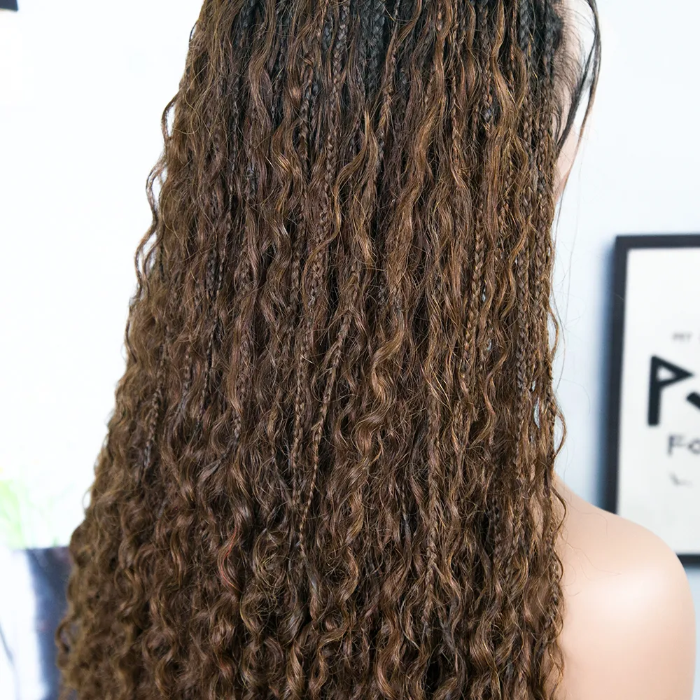 Ombre Brown HD Lace Bohemian Human Hair Full Lace Braided Wig - Image 9
