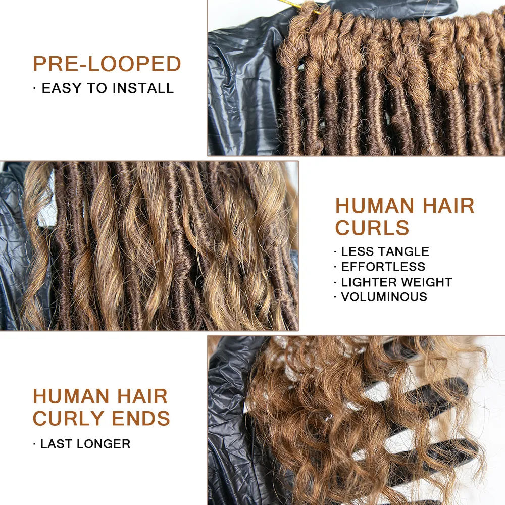 Pre-looped Light Auburn Crochet Boho Locs with Human Hair Curls - Image 4