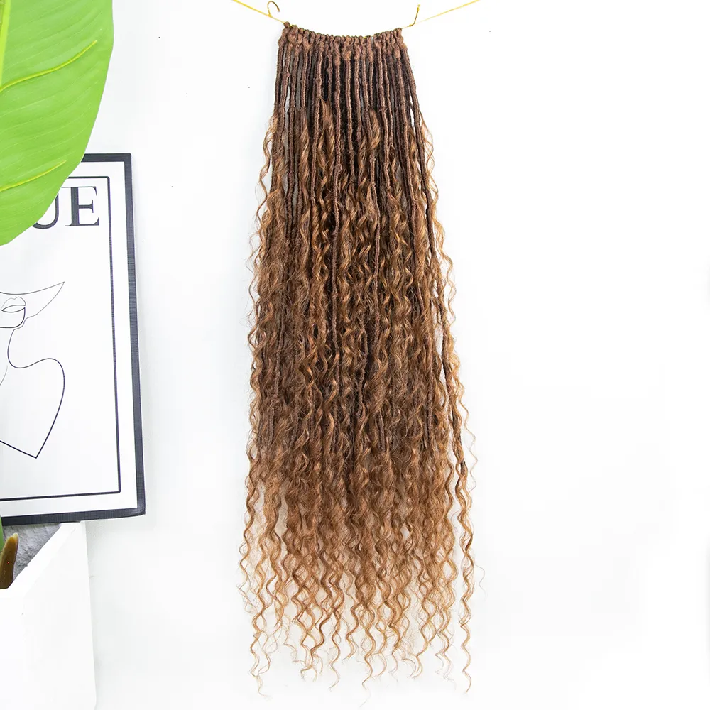 Pre-looped Light Auburn Crochet Boho Locs with Human Hair Curls - Image 5