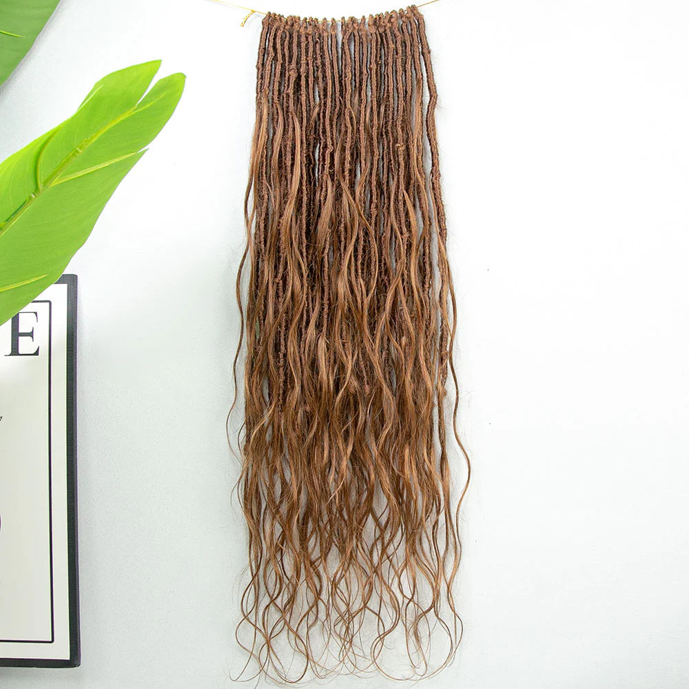 Pre-looped Light Auburn Human Hair Crochet Boho Locs With Body Wave Curls - Image 3