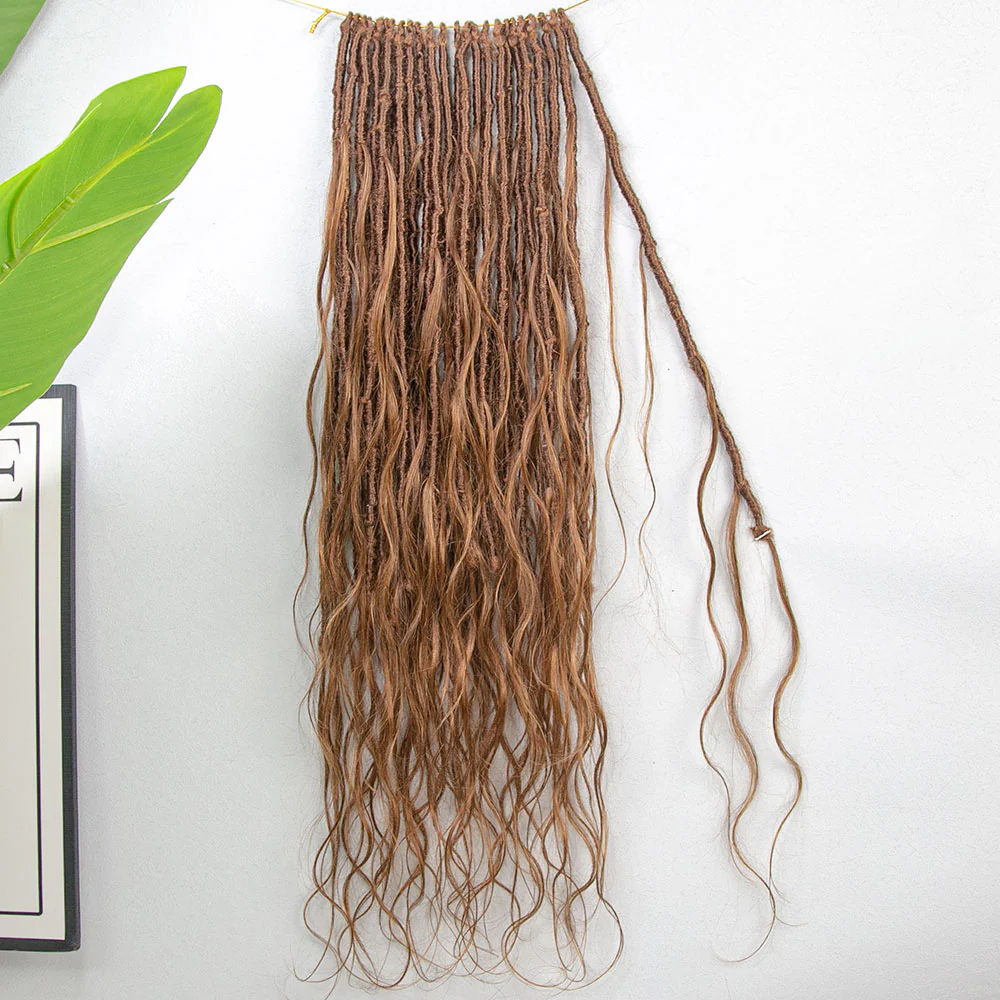 Pre-looped Light Auburn Human Hair Crochet Boho Locs With Body Wave Curls - Image 4