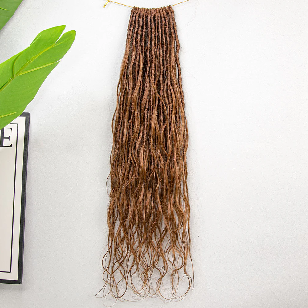 Pre-looped Light Auburn Human Hair Crochet Boho Locs With Body Wave Curls - Image 5