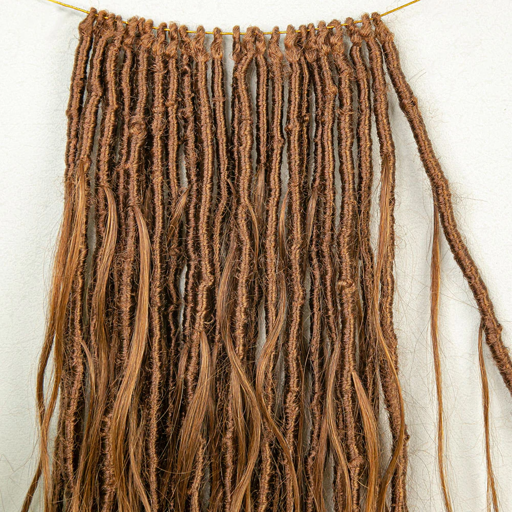 Pre-looped Light Auburn Human Hair Crochet Boho Locs With Body Wave Curls - Image 6