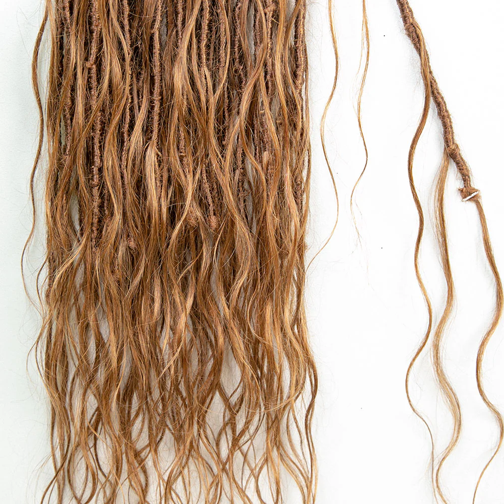 Pre-looped Light Auburn Human Hair Crochet Boho Locs With Body Wave Curls - Image 8