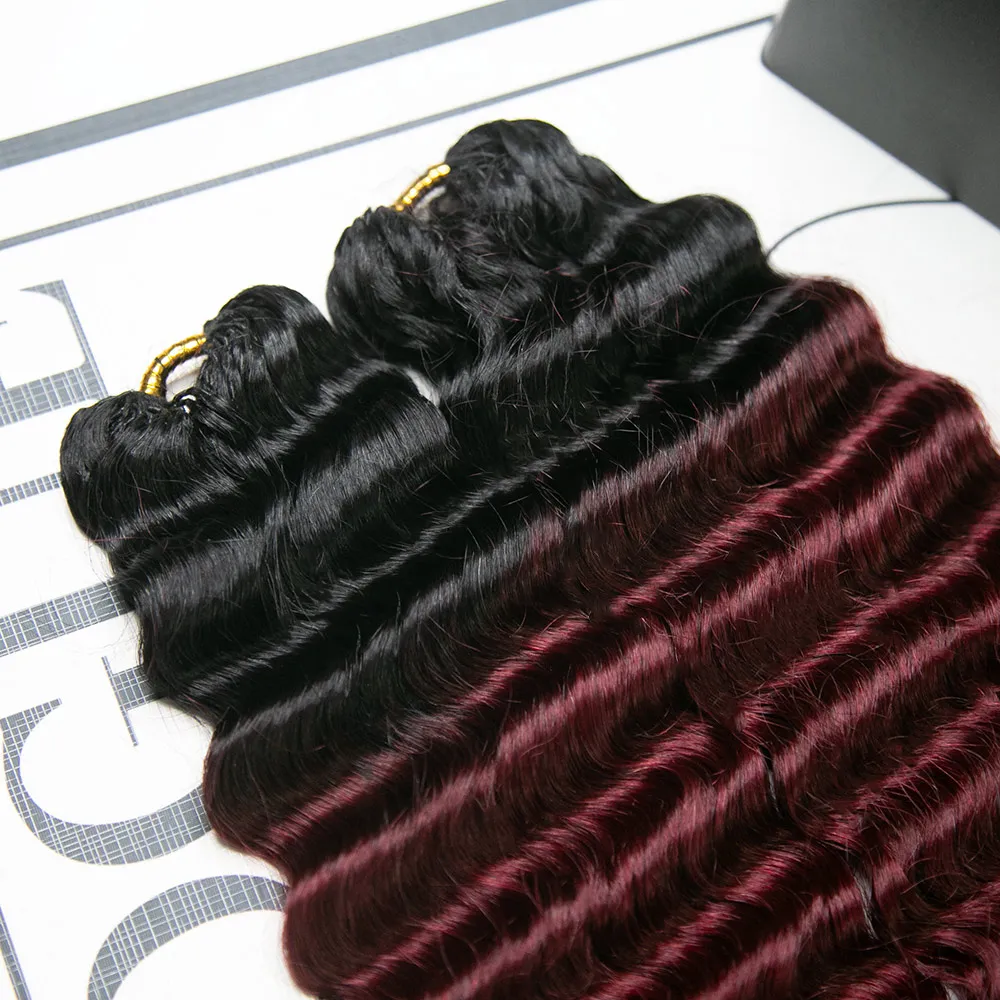 #T1B/Burgundy Deep Wave Human Crochet Hair - Image 3